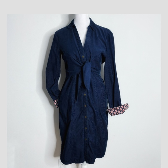 Anthropologie Maeve Dress Corduroy Winchester Blue Tie Front Button Shirt Dress - Picture 2 of 16